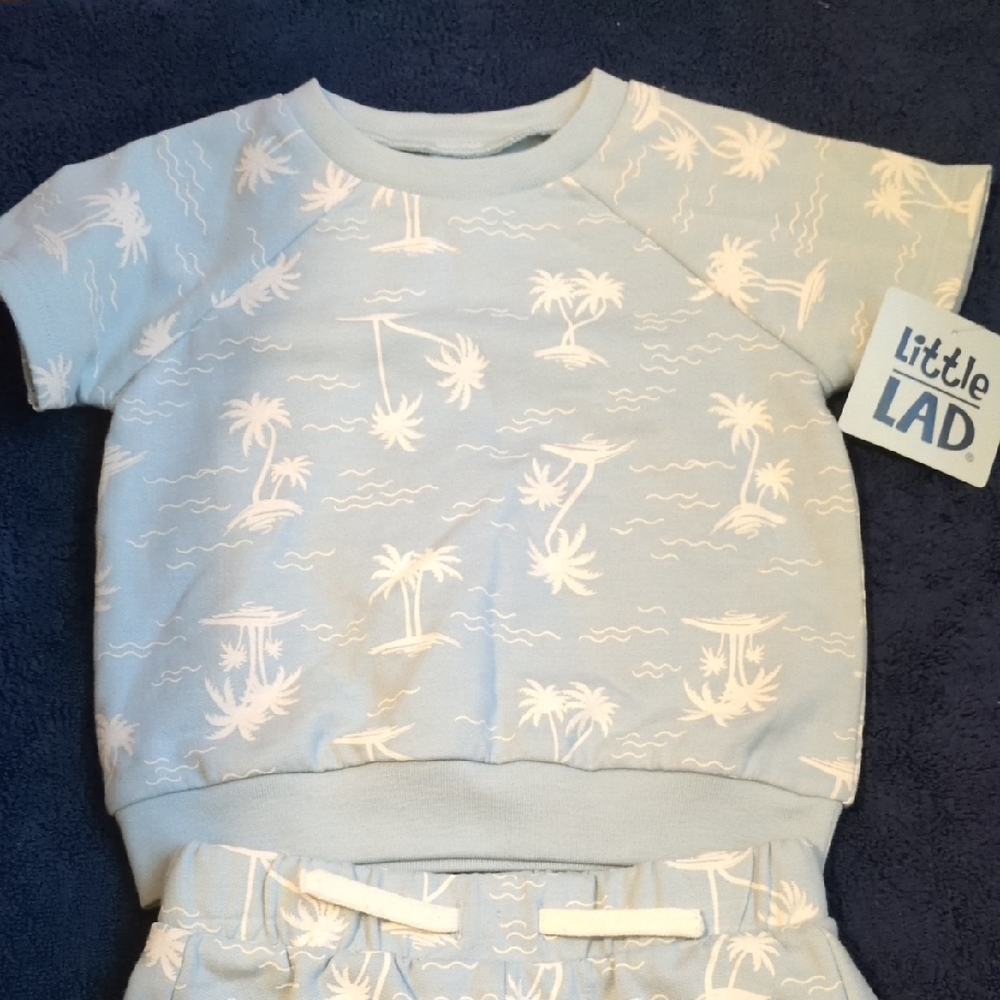 Little Lad 3 PC Light Blue Palm Tree Shirt/Shorts/Sunglasses Set 18M